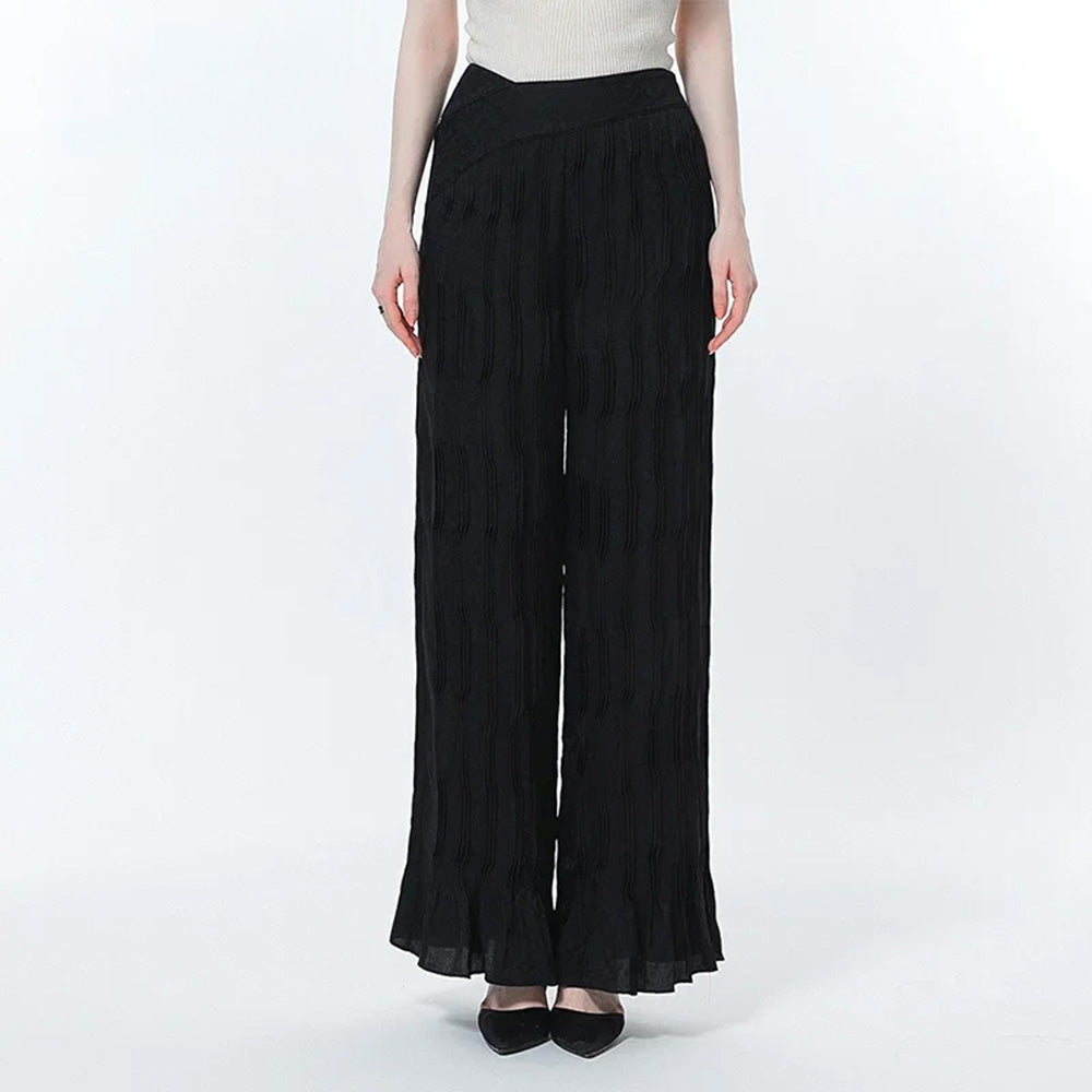 Women's wide-leg Mulberry Silk Jacquard trousers in Hide-and-Seek featuring an asymmetrical high-low waist yoke with right insert and groups of vertical triple tucks. — From Borcelleclothes.