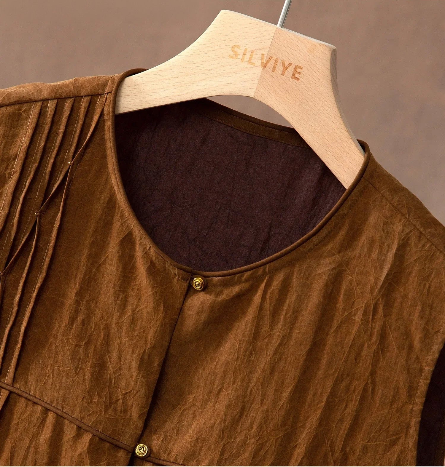 Upper front section of Tucked Xiangyunsha Silk Blouse in Cinnamon Amulet showing collar and top tucks — From Borcelleclothes.