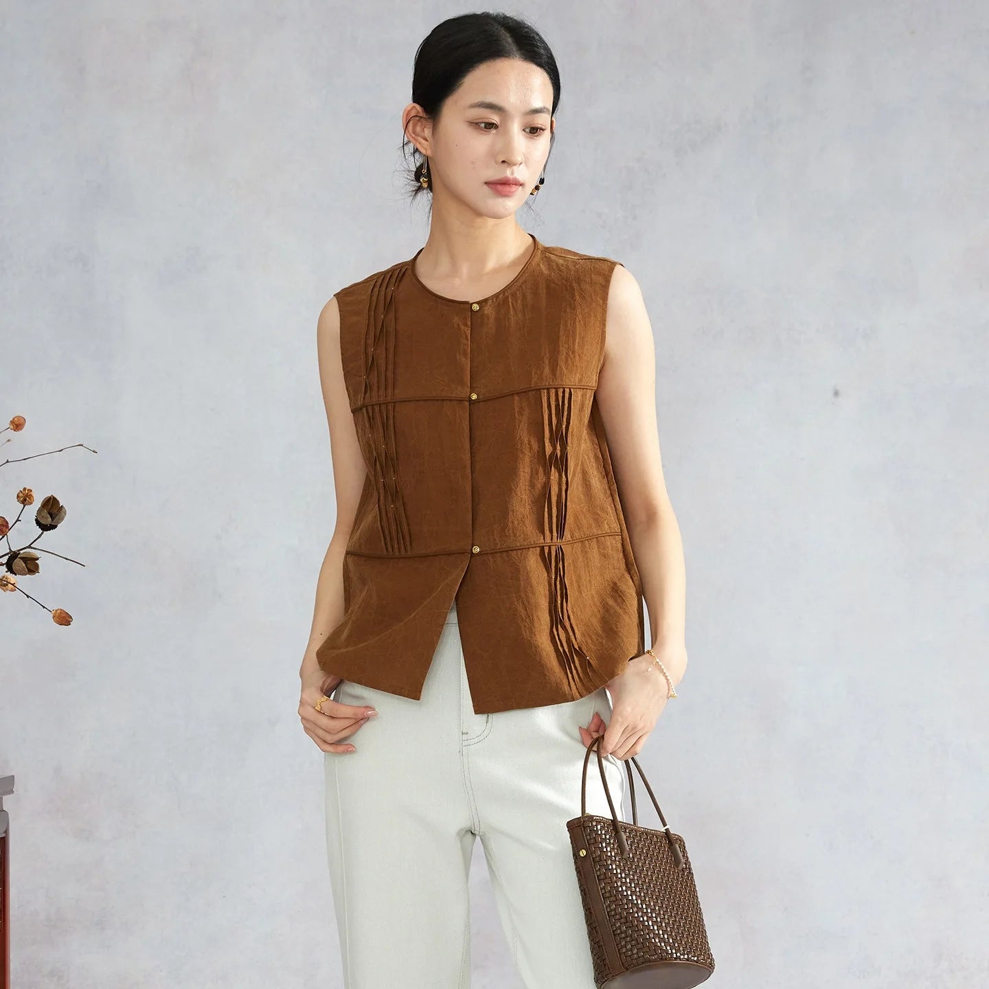 Women's Сollectible Xiangyunsha silk blouse in Cinnamon Amulet, with a smooth bio-film turned against the body, front tucks tacked and accented with gold seed beads. — From Borcelleclothes.