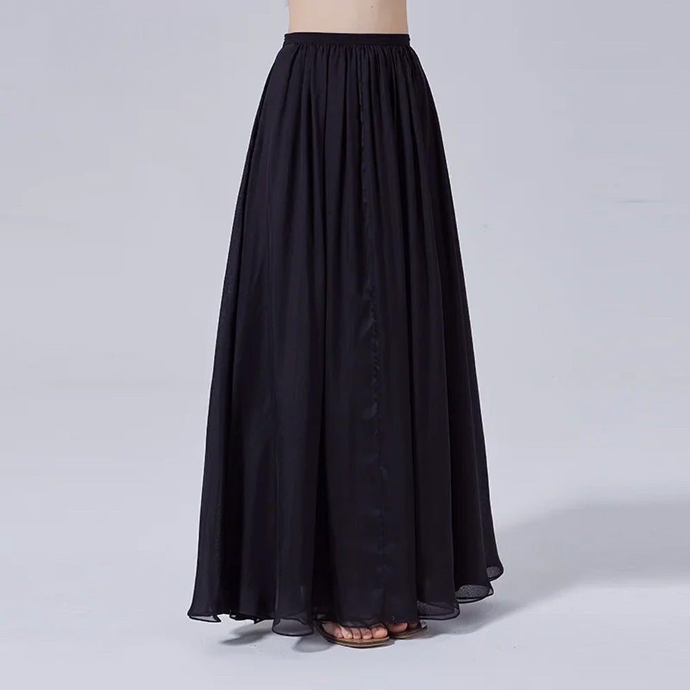 Women's two-layer pleated maxi skirt, crafted from 6A Grade 100% Mulberry silk chiffon (5 Momme) in Ink Dance. Features front gathered pleats and back gathering. — From Borcelleclothes.