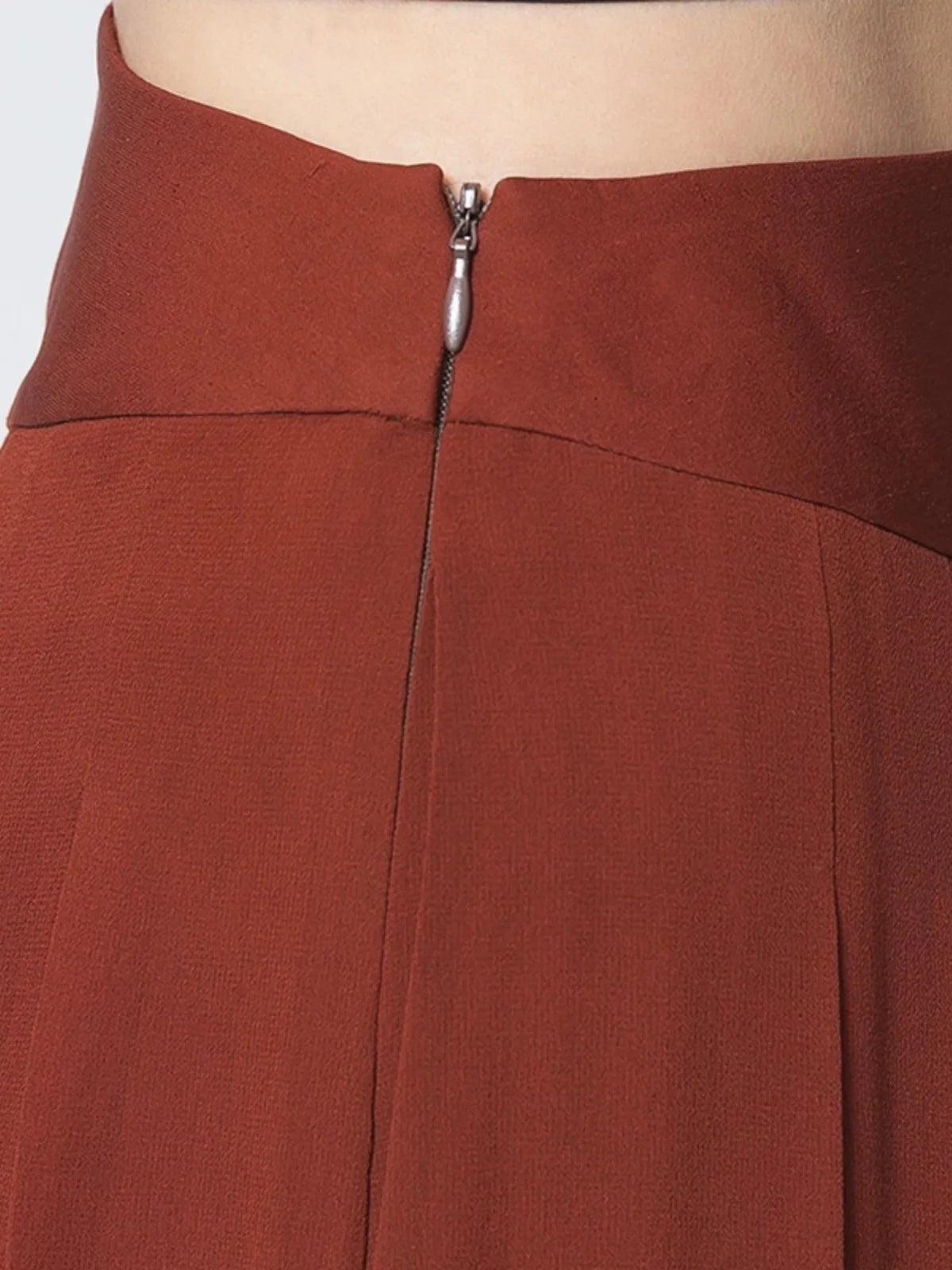 Detailed side view of the waist section and tailored fit on two-layer Mulberry silk georgette trousers in Contradictory Terracotta — From Borcelleclothes.