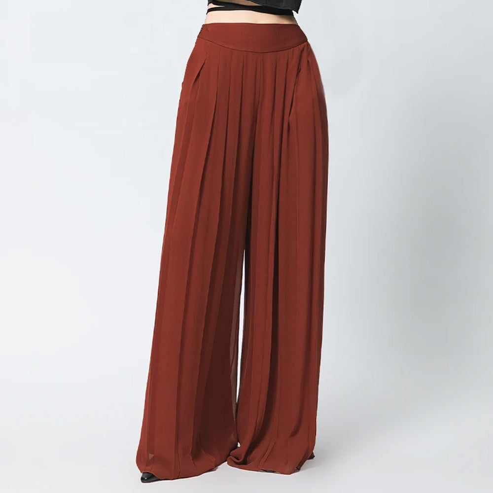 Women's Two-layer wide-leg trousers tailored from 12 momme Mulberry silk georgette. Feature a waist-hugging yoke, architectural pleats, and a floor-length drape. — From Borcelleclothes.