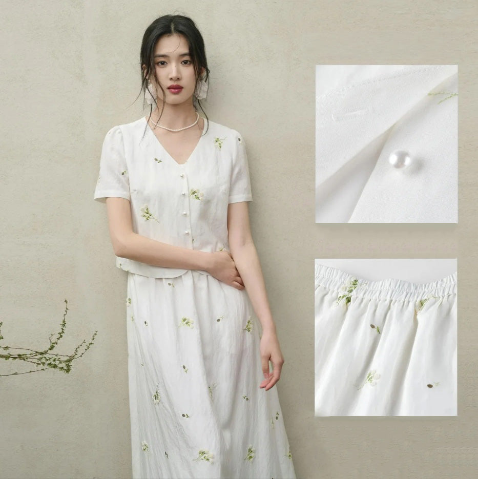 A detailed collage featuring a woman in the Utsugi Blossom set, focusing on the pearl buttons, waistband, and the textured Bride’s Silence white embroidery — From Borcelleclothes.
