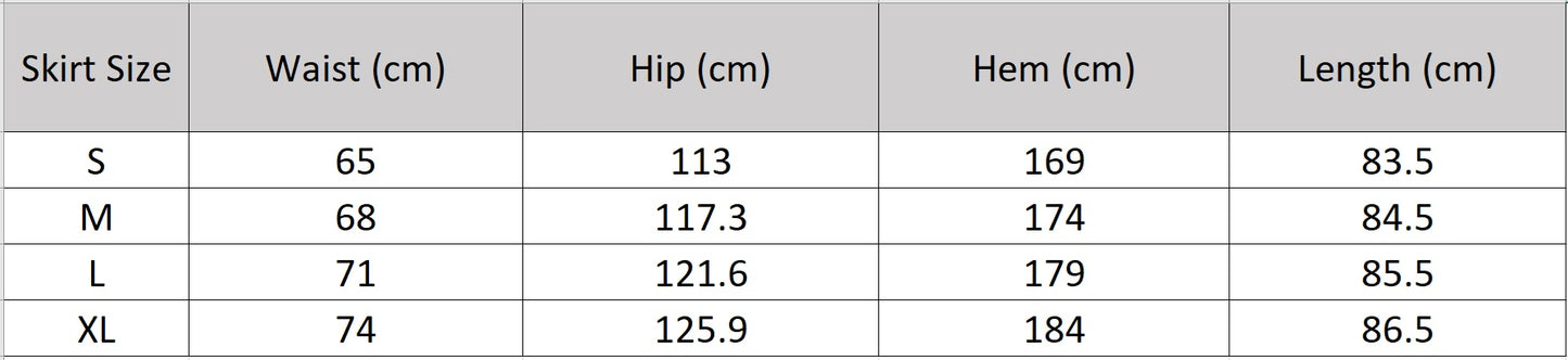Detailed size chart for the flared Utsugi Blossom embroidery midi skirt in Bride’s Silence white — From Borcelleclothes.