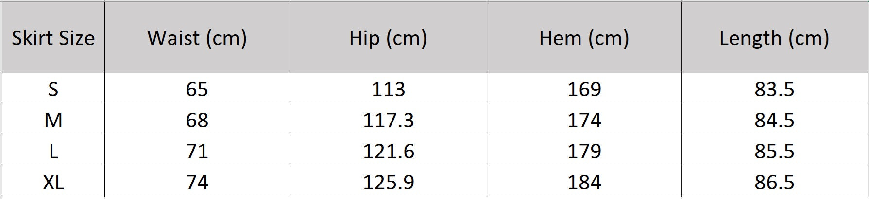 Detailed size chart for the flared Utsugi Blossom embroidery midi skirt in Bride’s Silence white — From Borcelleclothes.