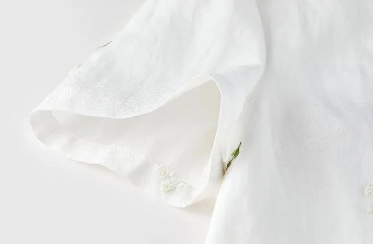Close-up of the set-in sleeve with slightly gathered heads on the Utsugi Blossom top in Bride’s Silence white — From Borcelleclothes.