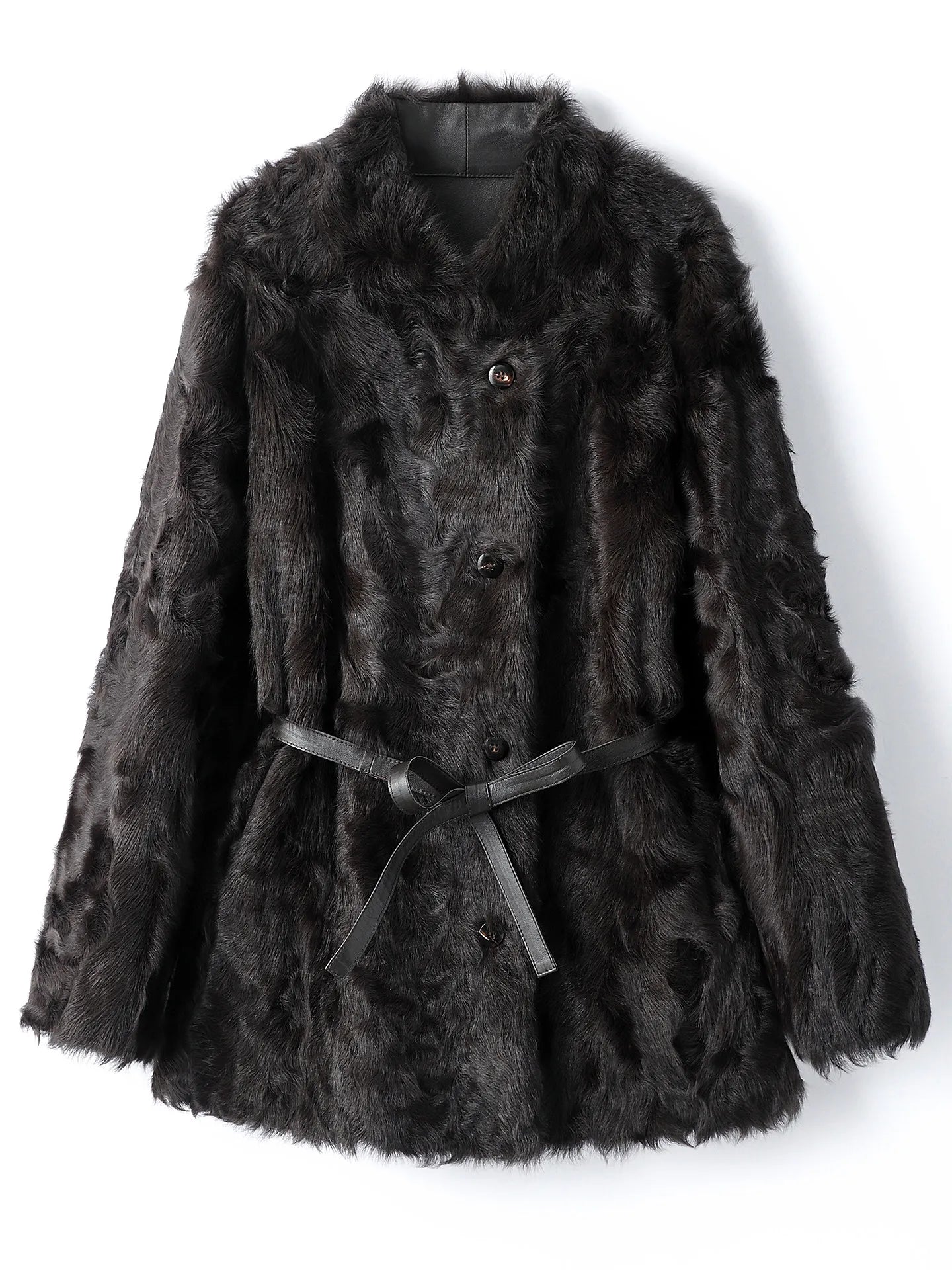 Flat front view of the Henna Glow V-shaped neckline shearling coat made of double-faced Xiaohu sheepskin — From Borcelleclothes.