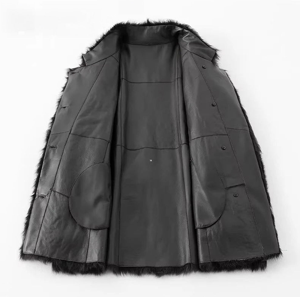 Unfolded flat front view of the Henna Glow V-neckline shearling coat showing its natural two-sided construction — From Borcelleclothes.