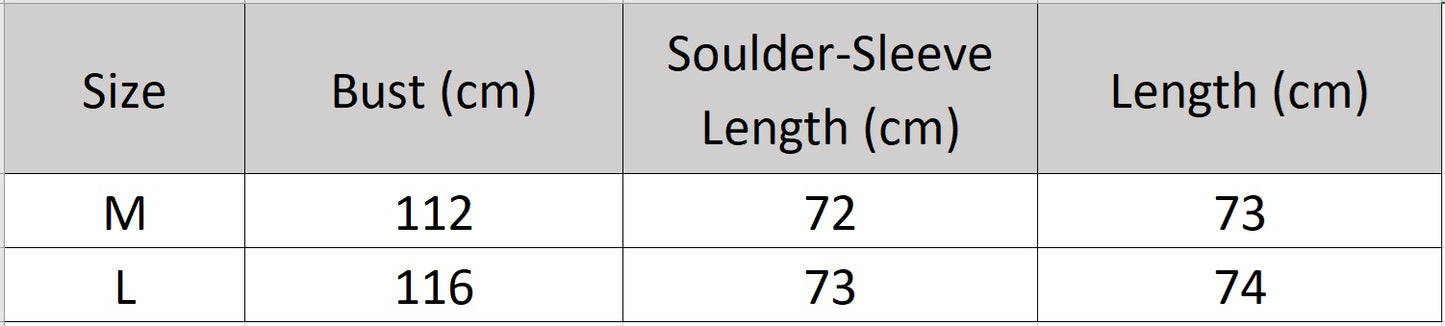 Women's size chart for a V-shaped Henna Glow shearling coat made of double-faced Xiaohu sheepskin, with heat-sculpted waves and luminous wool — From Borcelleclothes.