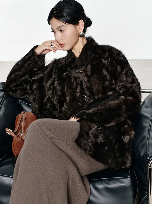 Women's V-shaped Henna Glow shearling coat made of double-faced Xiaohu sheepskin, with heat-sculpted waves and luminous wool — From Borcelleclothes.