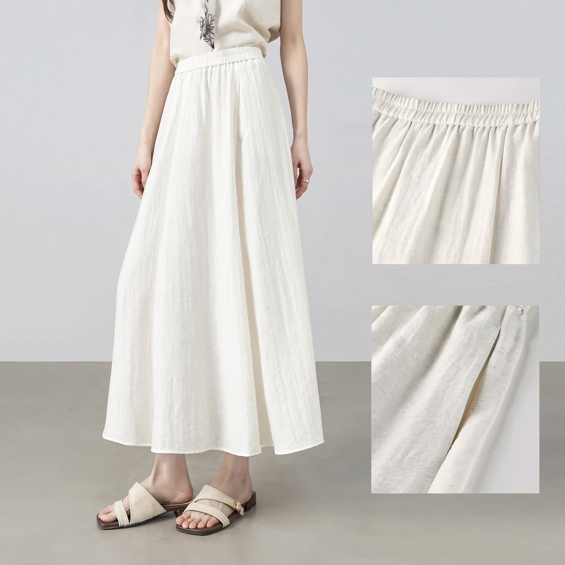 Image collage showing a model turned to the side, highlighting the elasticated waistband and side seam pocket of the Azir Fog skirt — From Borcelleclothes.