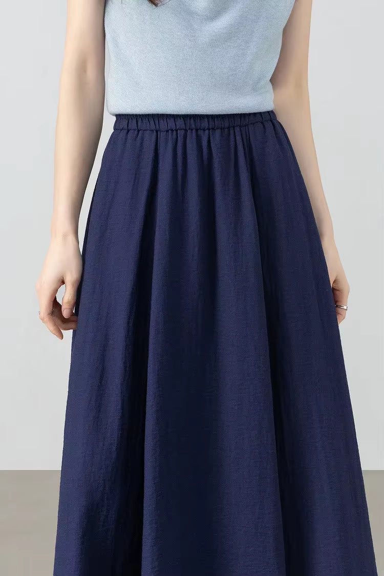 Detailed mid-section view of the women's viscose blend gathered skirt highlighting its loose silhouette in Shurima Oasis — From Borcelleclothes.