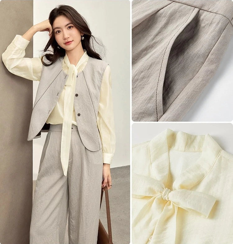 Lifestyle collage: a woman in a three-piece viscose set leaning against a wall, showcasing slash pockets and the elderflower bow — From Borcelleclothes.