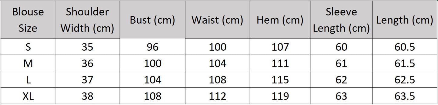 Technical size guide for the semi-sheer elderflower fizz blouse with transformable ties — From Borcelleclothes.