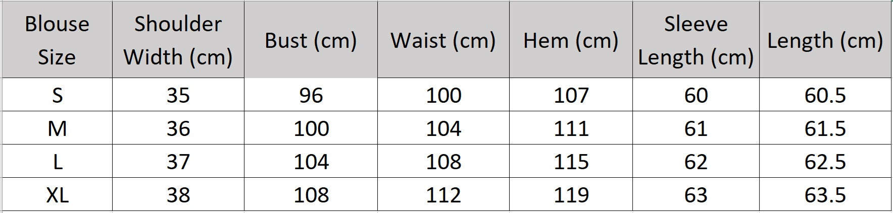 Technical size guide for the semi-sheer elderflower fizz blouse with transformable ties — From Borcelleclothes.