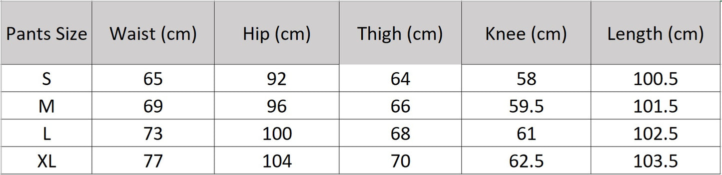 Detailed size chart for the straight-cut viscose trousers with two front pleats — From Borcelleclothes.