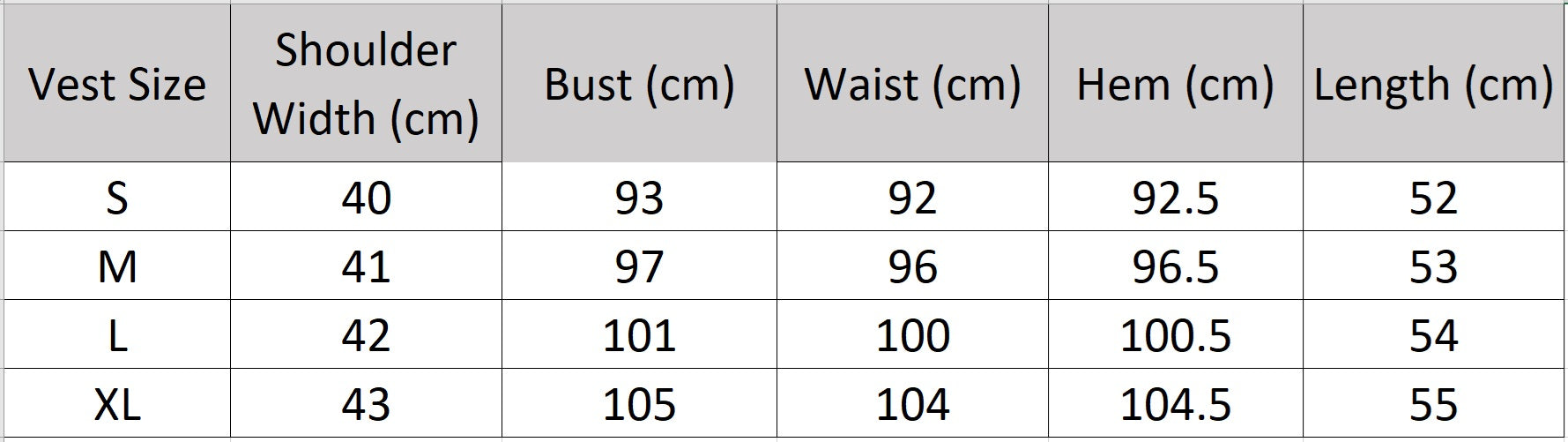 Detailed size chart for the deep round neckline viscose vest in velvet truffle — From Borcelleclothes.
