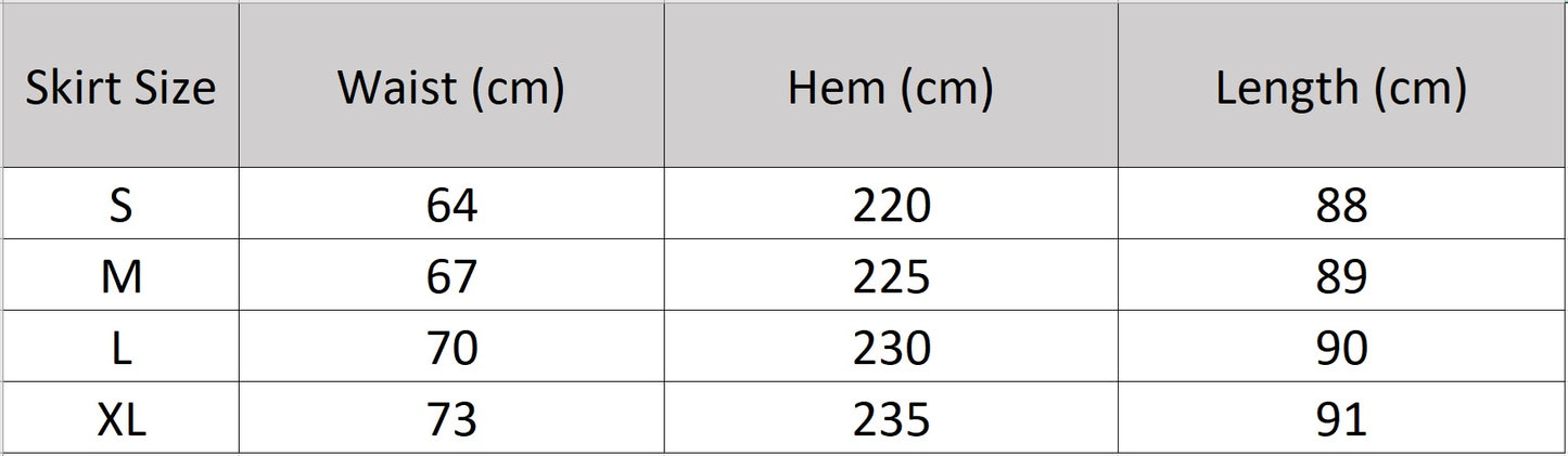 Detailed size chart for the flared midi viscose skirt with an elasticated waistband — From Borcelleclothes.