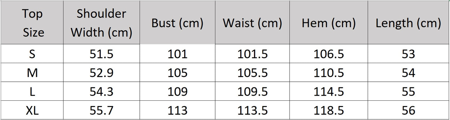 Detailed size chart for the "Her Miracle" viscose top with beaded neckline — From Borcelleclothes.