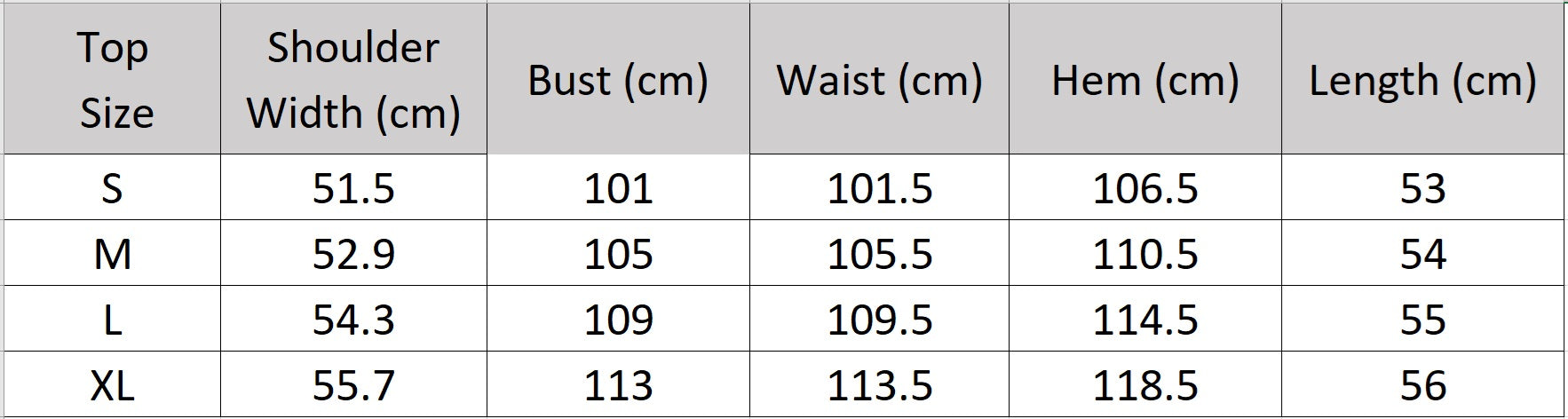 Detailed size chart for the "Her Miracle" viscose top with beaded neckline — From Borcelleclothes.