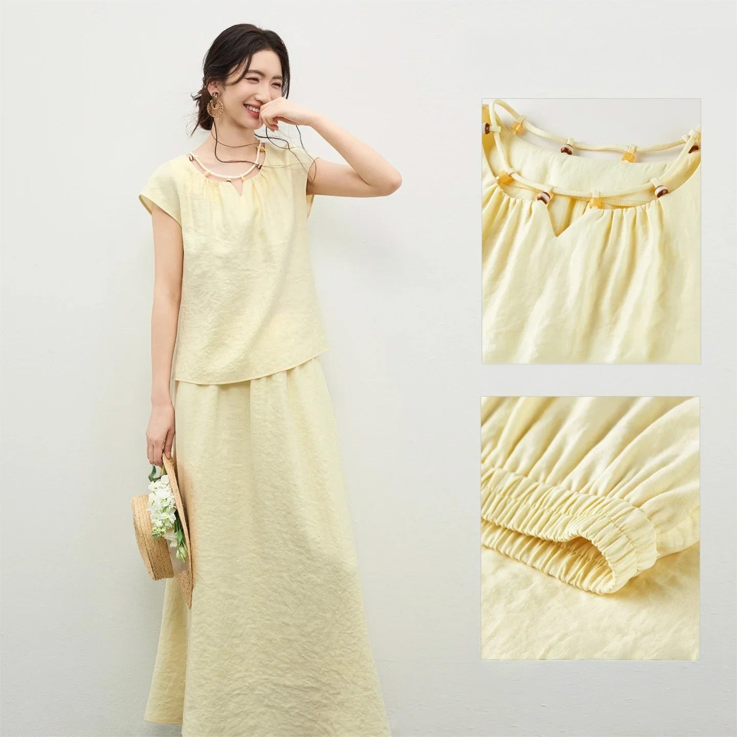 A visual collage featuring a woman’s smile, the beaded neckline, and the skirt’s waistband details — From Borcelleclothes.