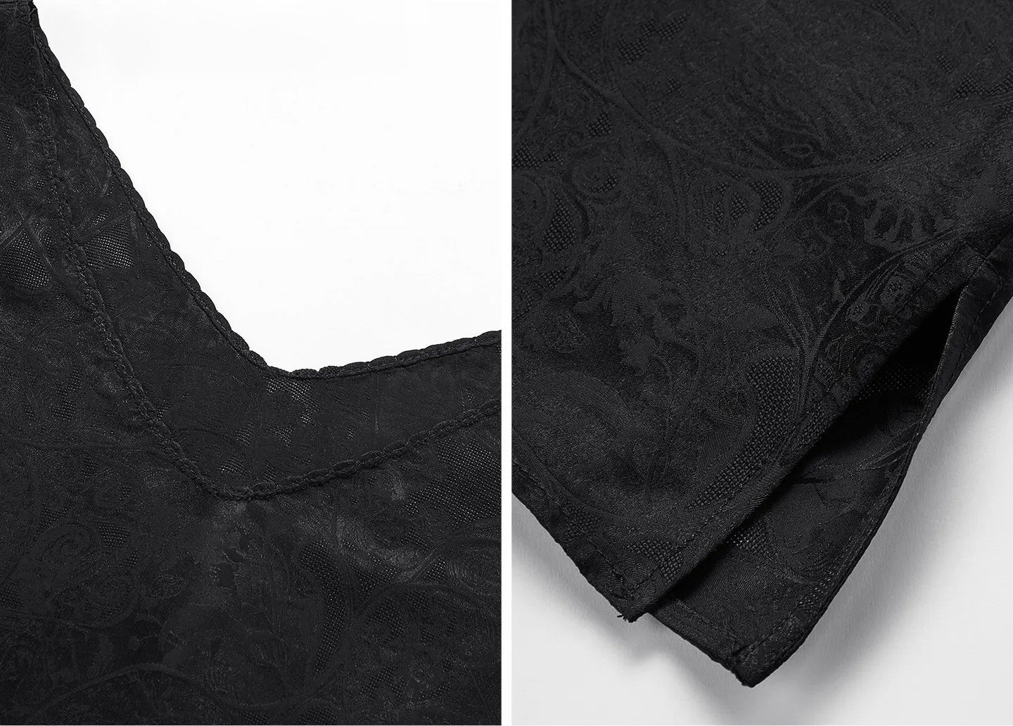 Detail collage showcasing the picot-edged V-neckline, textural jacquard weave, and tailored side slit in Freezing Twilight. — From Borcelleclothes.