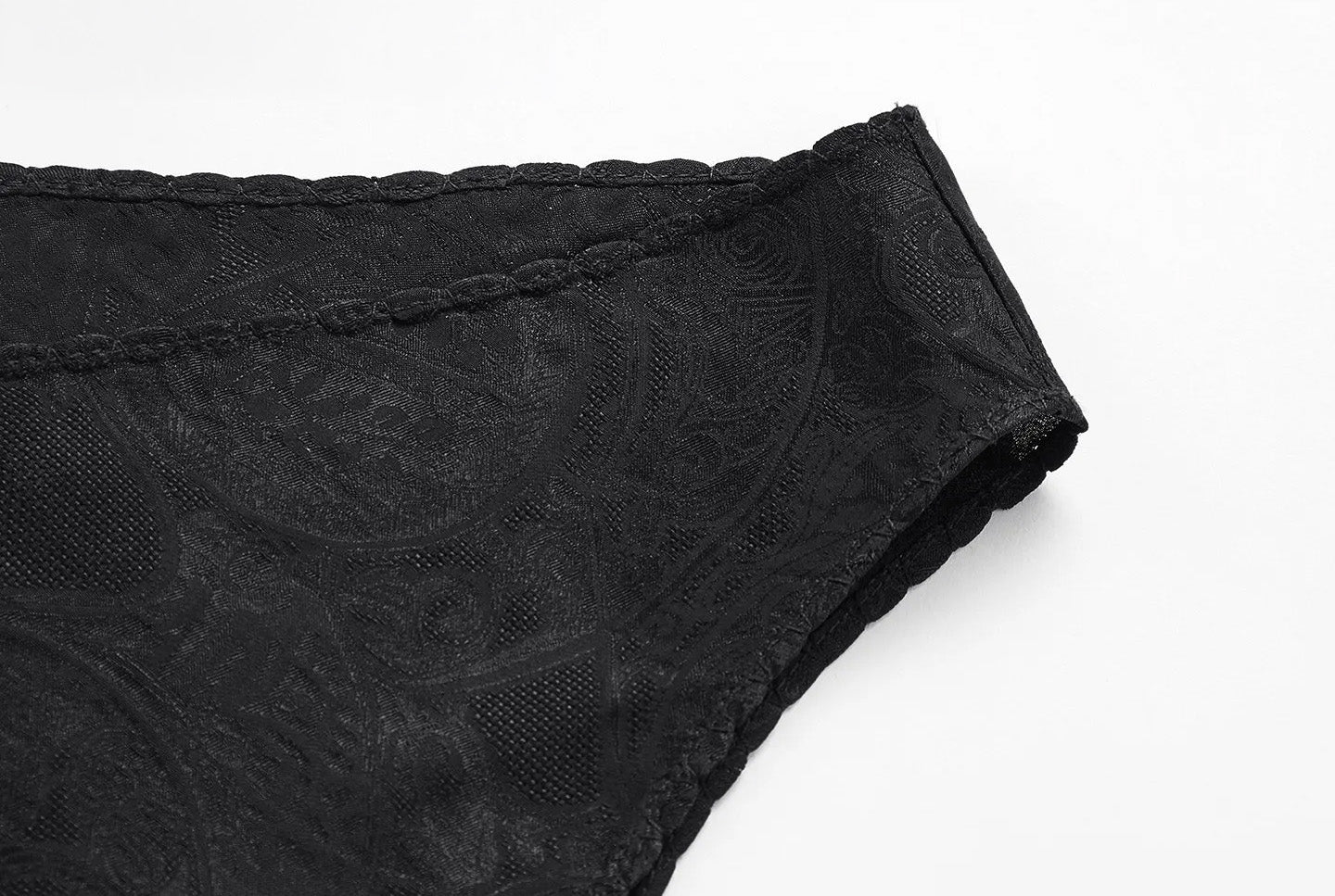 Close-up view of the smooth shoulder strap and picot seam construction on Freezing Twilight silk jacquard. — From Borcelleclothes.