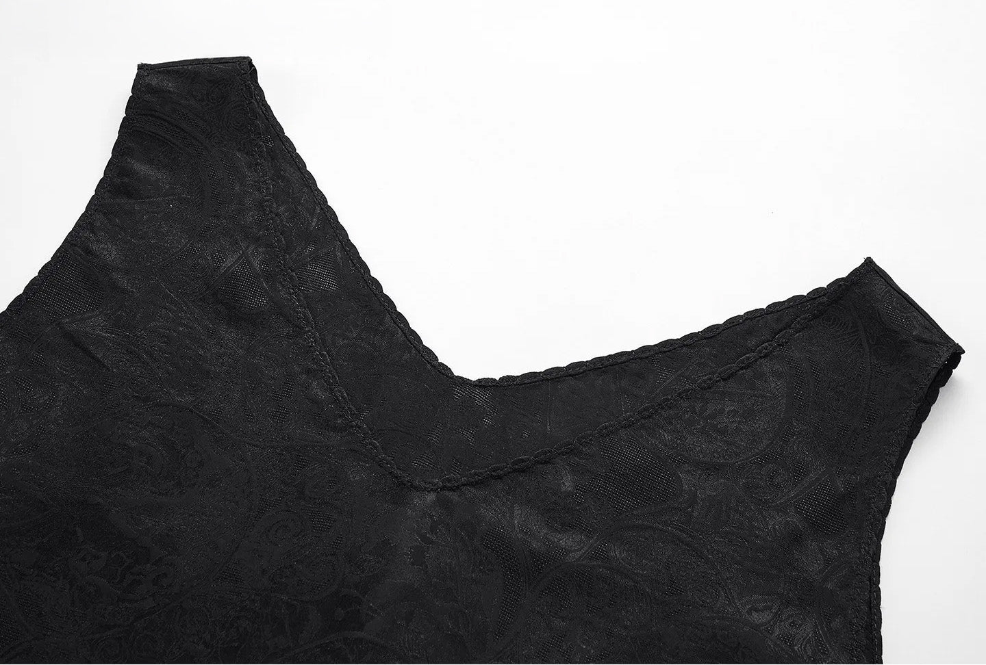 Front view of the upper bodice highlighting the V-neckline and picot-stitched edges in Freezing Twilight silk jacquard. — From Borcelleclothes.