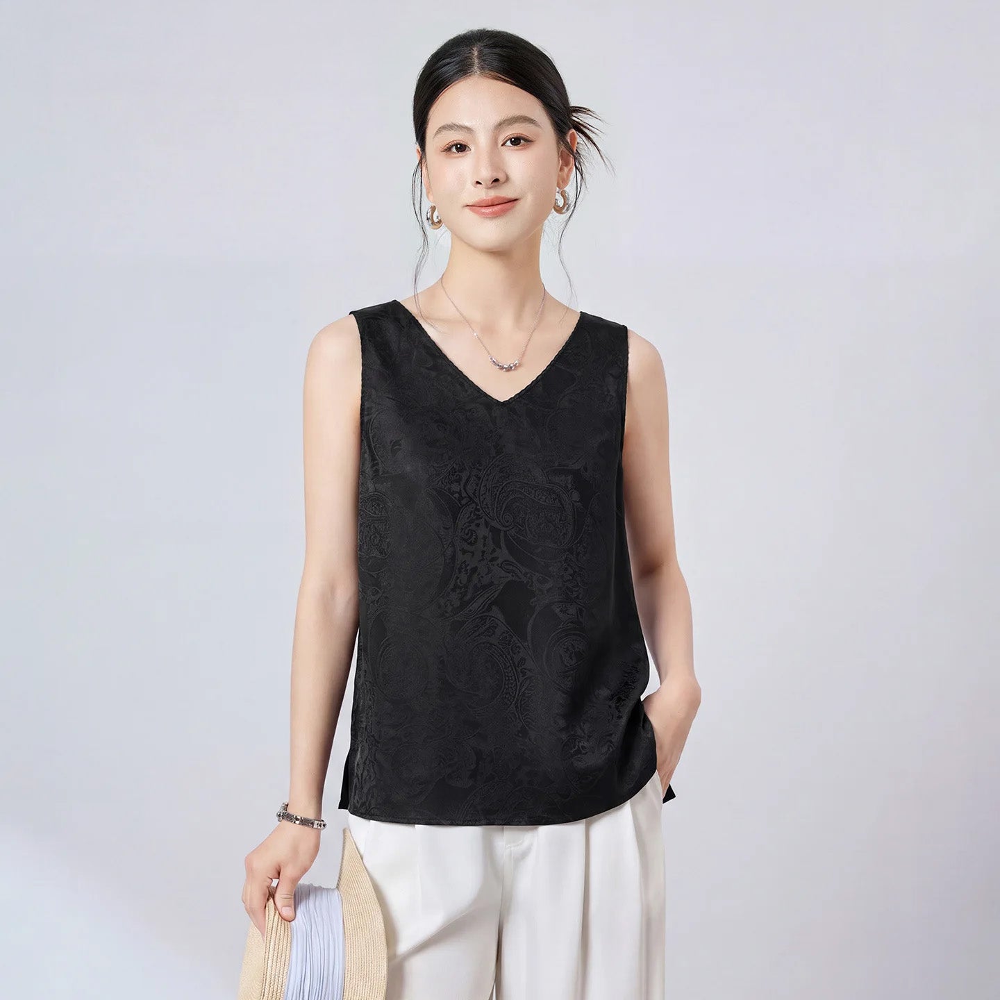 Women's Sleeveless 19 momme Sangbo silk jacquard top in Freezing Twilight. Features delicate picot trim, dual V-necklines, and fluid drape. — From Borcelleclothes.