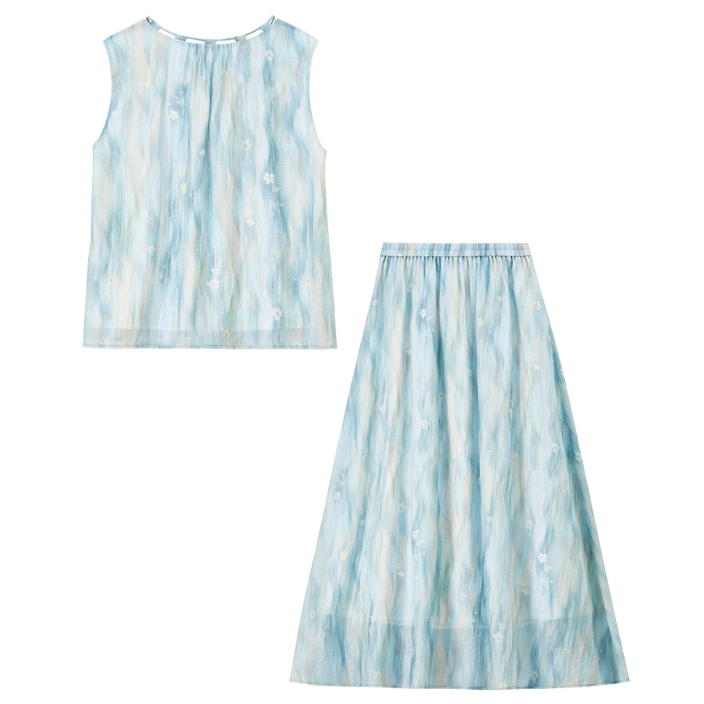 Back flat lay of the two-piece watercolor set showing the gathered neckline detail — From Borcelleclothes.