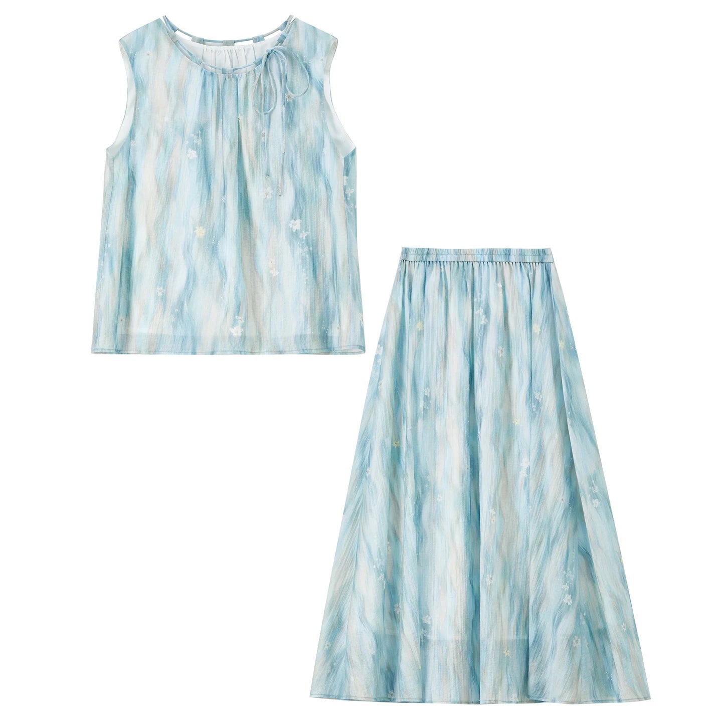 Front flat lay of the women's watercolor blue lyocell top and flared midi skirt set — From Borcelleclothes.