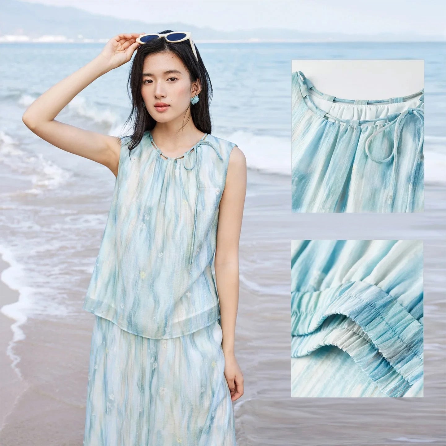 Detailed collage showcasing the adjustable tie neckline and the flared skirt silhouette — From Borcelleclothes.