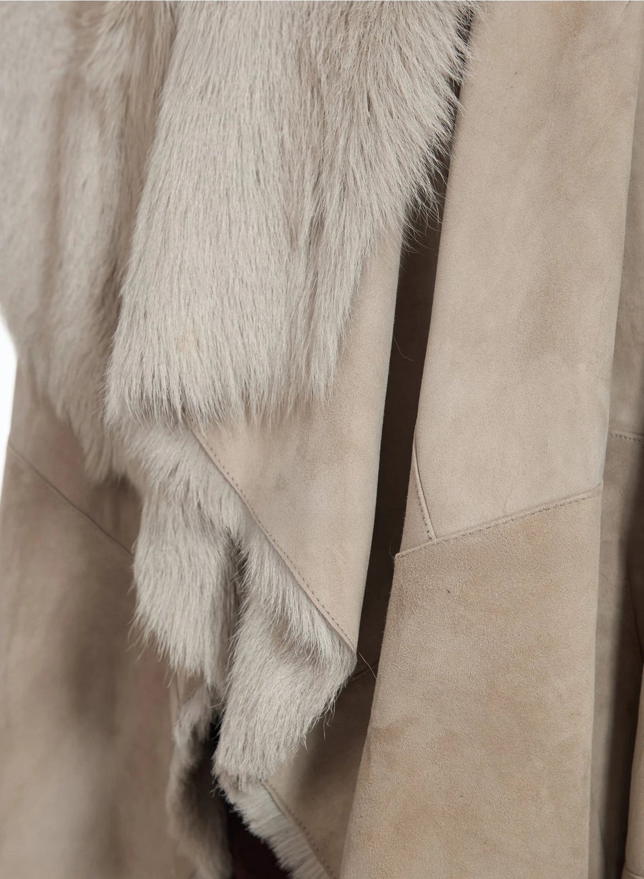 Draping wide collar of the Neutral Intrigue goatskin coat, photographed without a model — From Borcelleclothes.