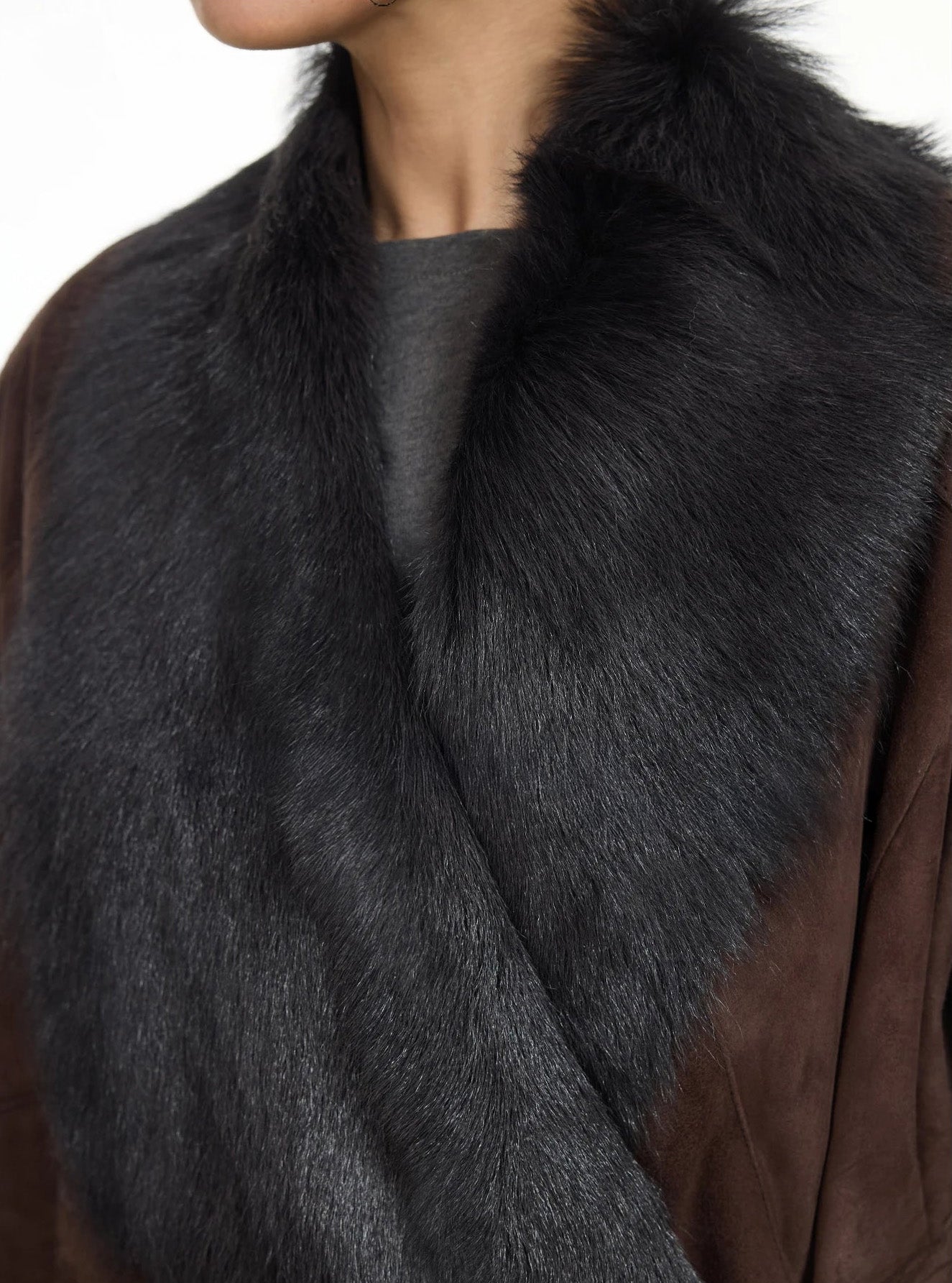 Close-up of the collar on the Raw Umber goatskin coat, showcasing the double-faced finish and tone — From Borcelleclothes.