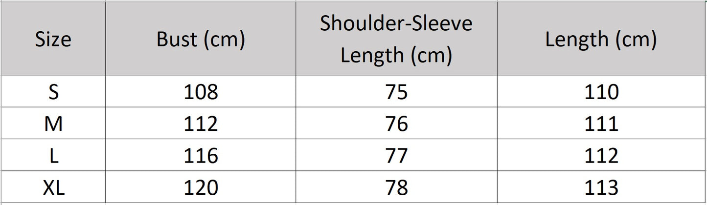 Women's size chart for a wide lapel double-faced goatskin coat with uncut edges and flowing fur, belted at the waist — From Borcelleclothes.