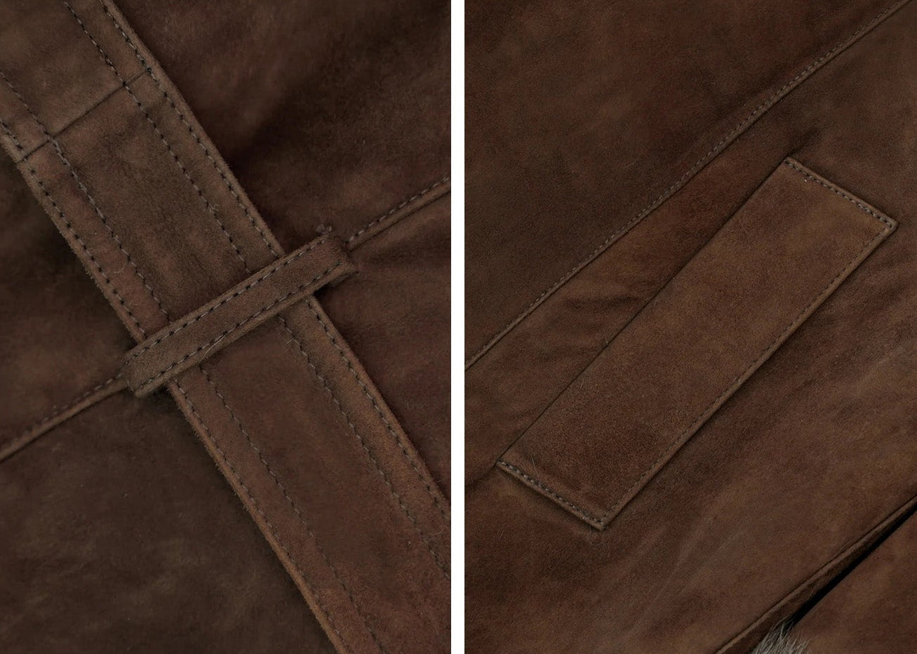 Collage with a side view of the belt loop and side pocket on the Woodsy Brown goatskin coat — From Borcelleclothes.