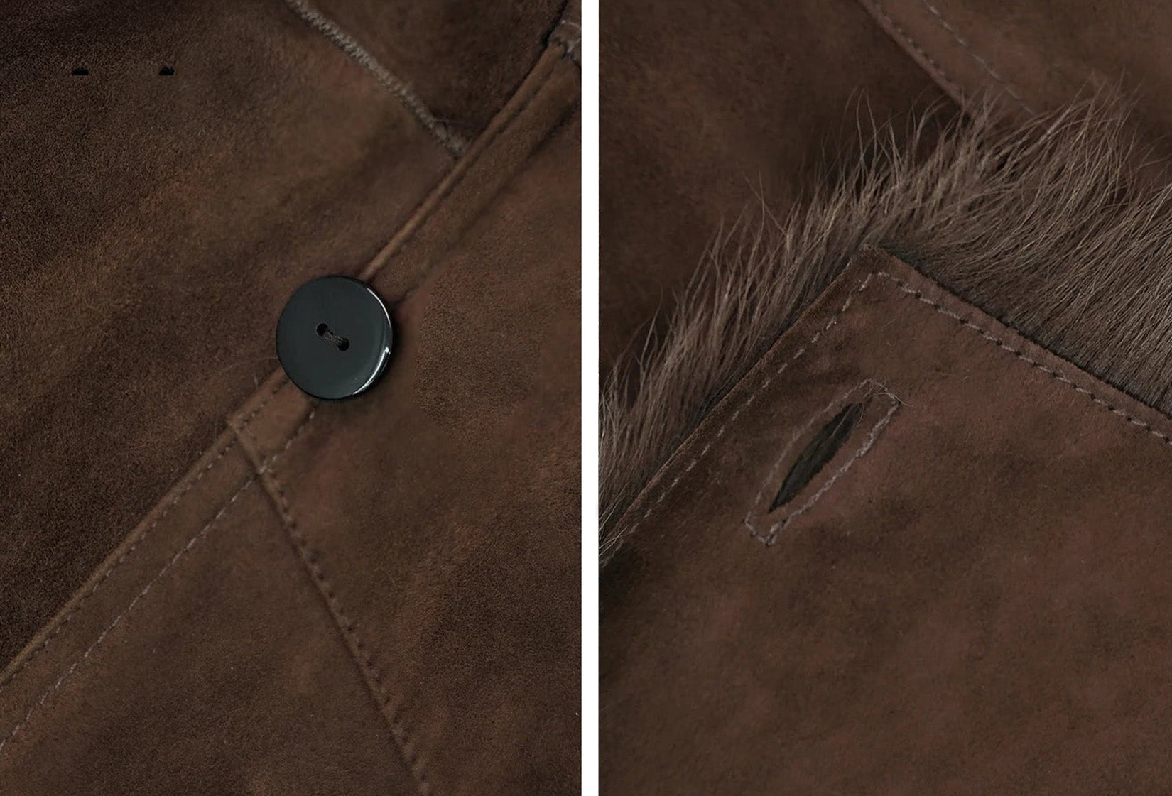 Collage showing the button and buttonhole detail of the Woodsy Brown goatskin coat — From Borcelleclothes.