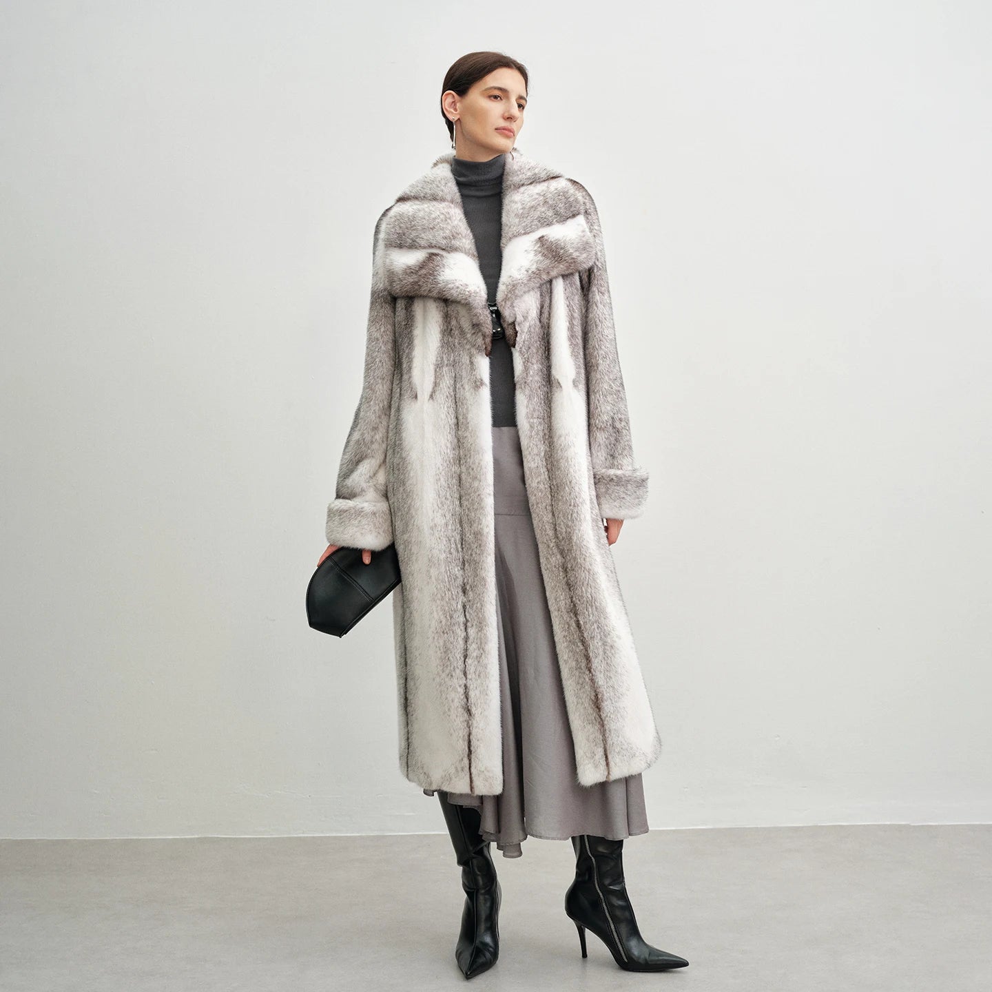 Women's Mid-calf coat in Gray Dew, crafted from premium Kopenhagen sheared mink fur, featuring a flared silhouette, wide lapels, drawstring waist, and turn-back cuffs — From Borcelleclothes.