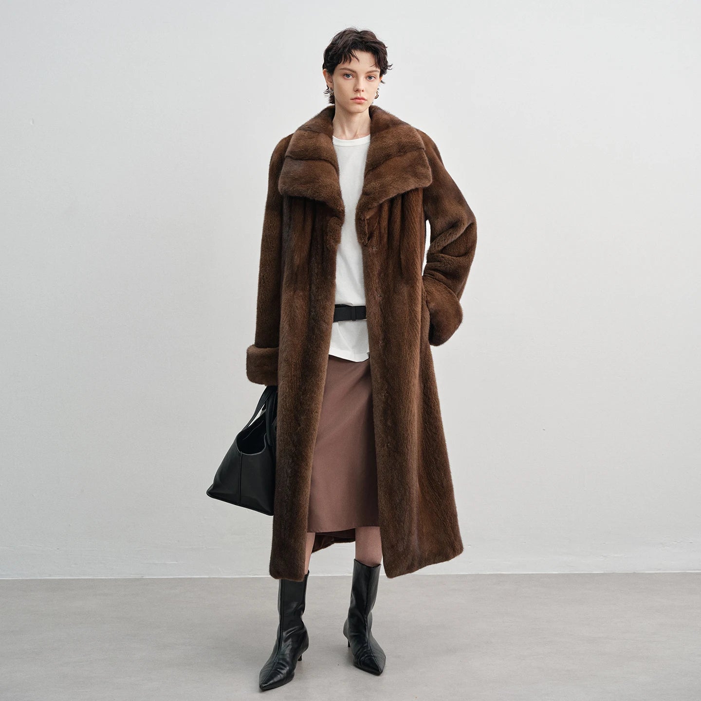 Women's Mid-calf coat in Sicilian Amber, crafted from premium Kopenhagen sheared mink fur, featuring a flared silhouette, wide lapels, drawstring waist, and turn-back cuffs — From Borcelleclothes.
