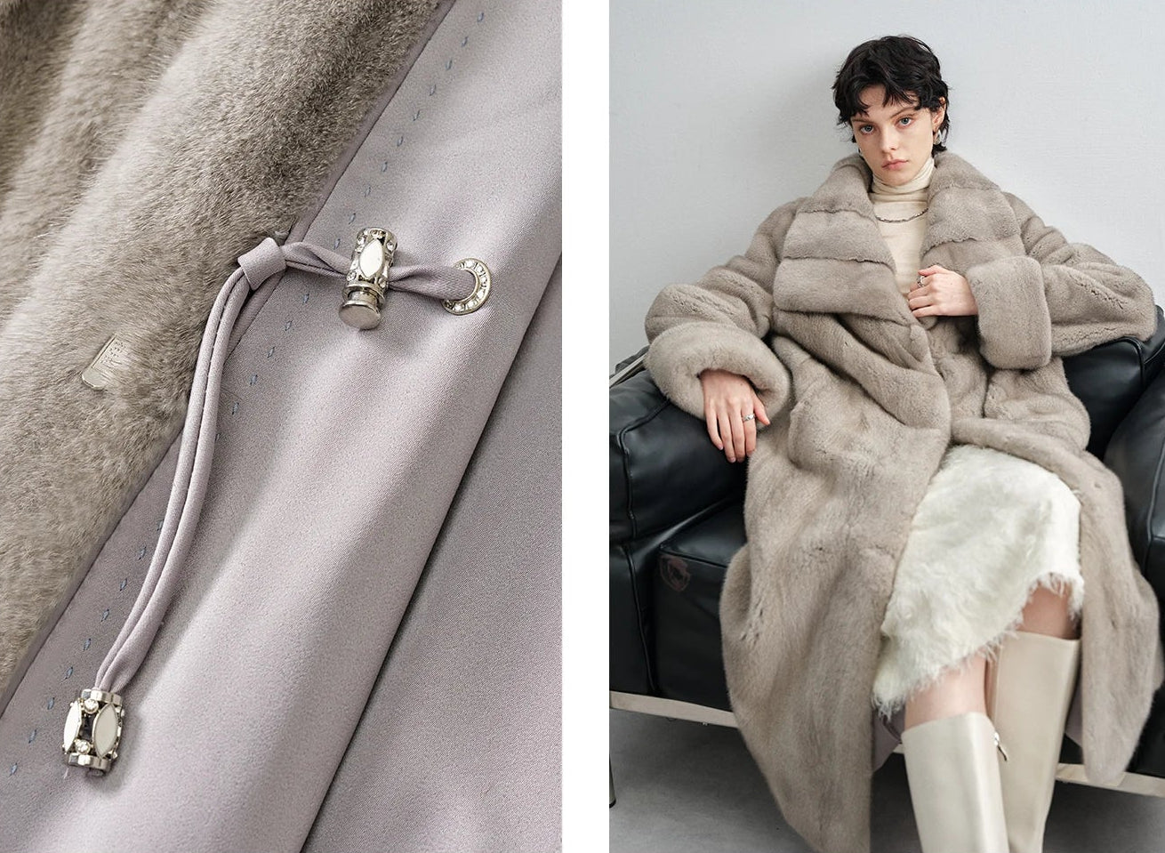 Collage with seated model showing the drawcord detail in the silver blue coat — From Borcelleclothes.