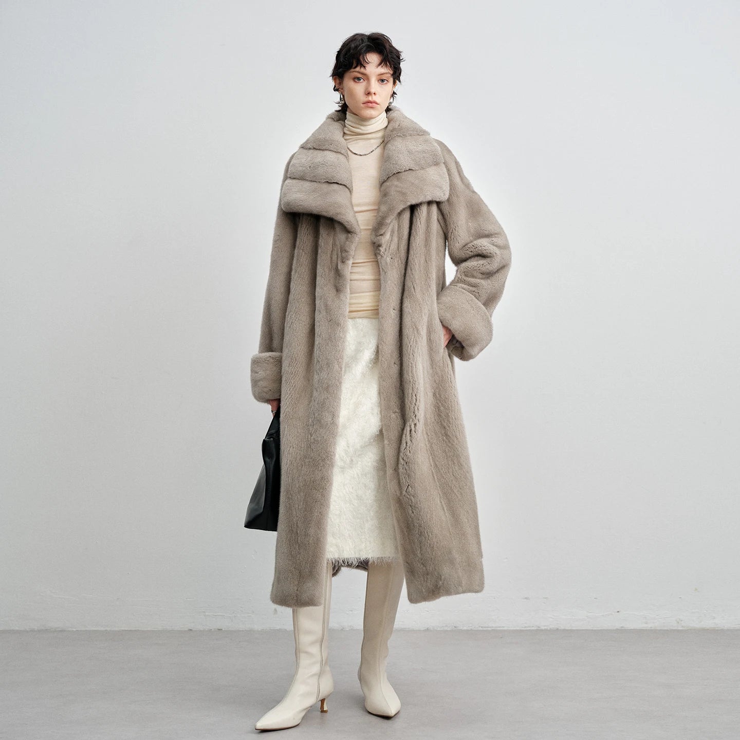 Women's Mid-calf coat in Smokey Quarts, crafted from premium Kopenhagen sheared mink fur, featuring a flared silhouette, wide lapels, drawstring waist, and turn-back cuffs — From Borcelleclothes.