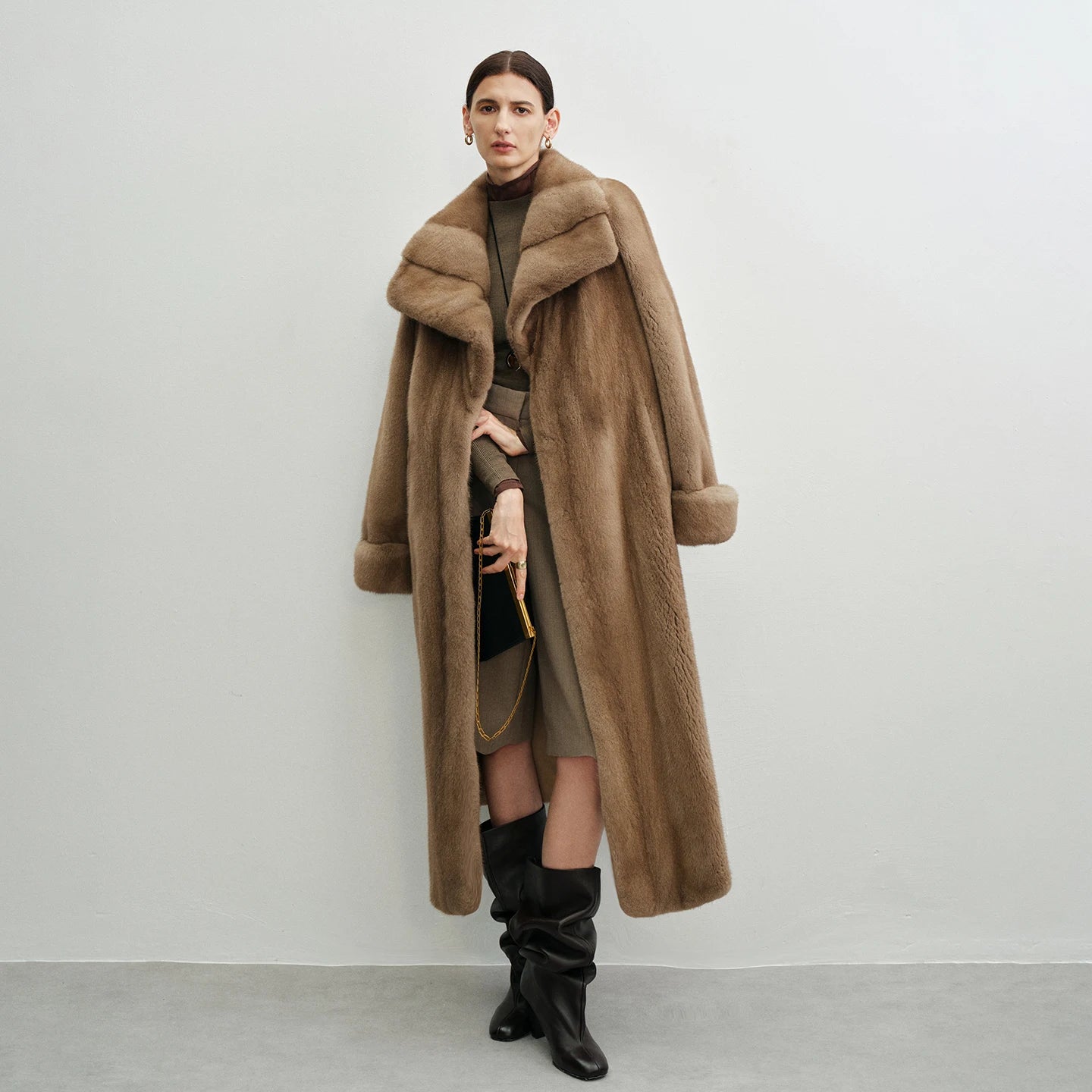 Women's Mid-calf coat in Taste of Bailey's, crafted from premium Kopenhagen sheared mink fur, featuring a flared silhouette, wide lapels, drawstring waist, and turn-back cuffs — From Borcelleclothes.