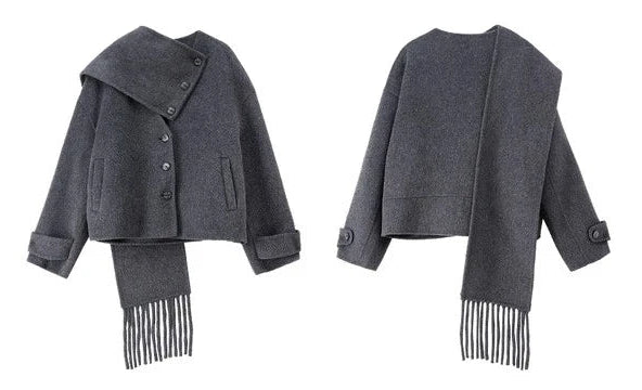 Front and back view of the architectural wool jacket with its matching scarf draped over the shoulders — From Borcelleclothes.