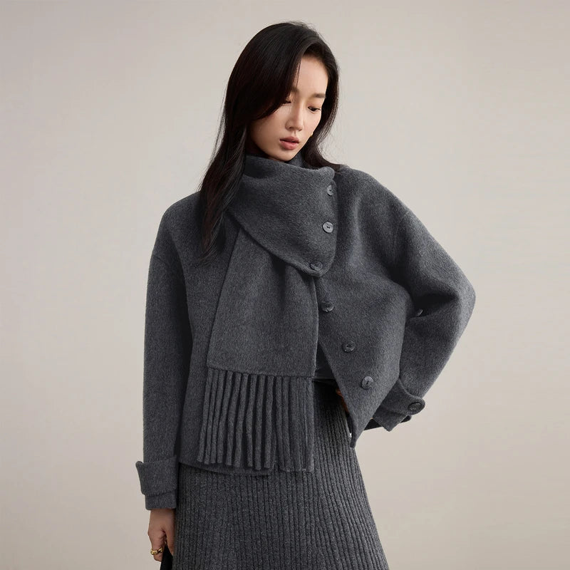 Women's Short double-sided wool jacket in Brushstrokes of Shadow color, with asymmetric buttons and a matching detachable scarf — From Borcelleclothes.