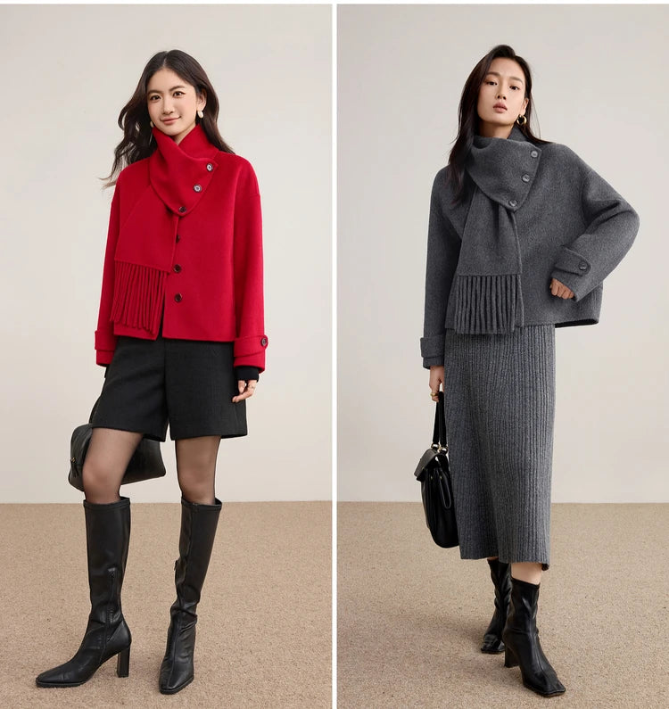 A curated collage featuring the various styling options of the double-sided wool jackets — From Borcelleclothes.