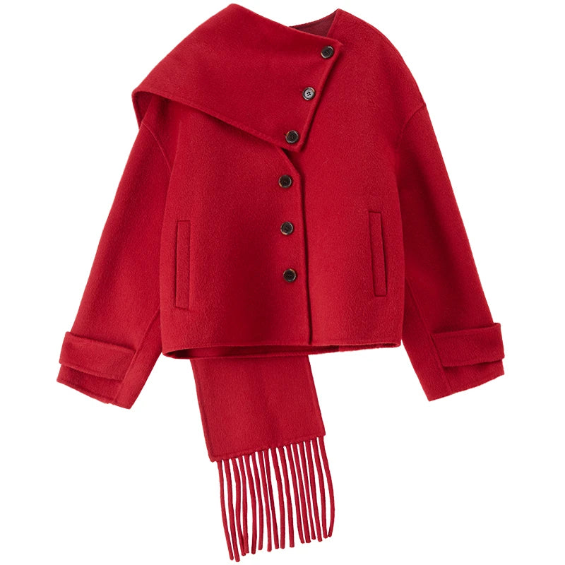 Flat lay view of the red wool jacket with the matching scarf perfectly positioned — From Borcelleclothes.