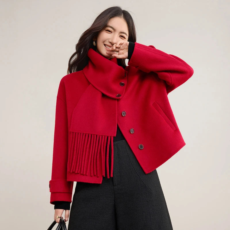 Women's Short double-sided wool jacket in Tongues of Fire color, with asymmetric buttons and a matching detachable scarf — From Borcelleclothes.