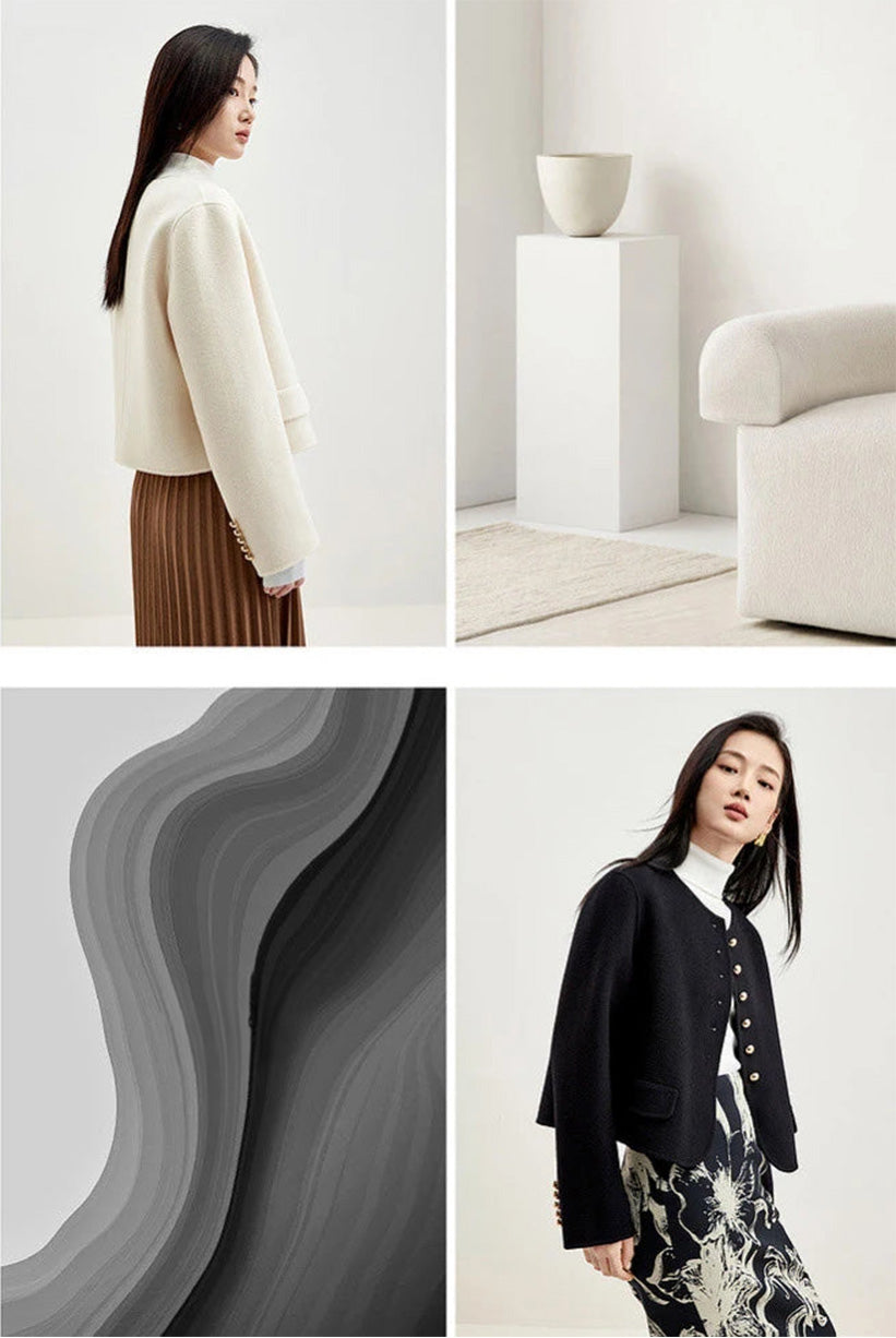 Graphic interior composition featuring a collage of both jacket colors, emphasizing the artisanal double-face technique — From Borcelleclothes.