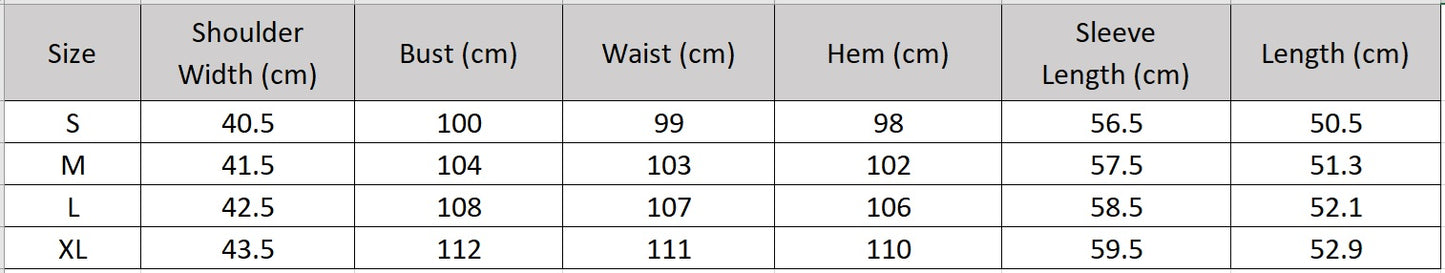 Women's size chart for a collarless double-sided wool jacket, with sculptural golden buttons and hand-finished seams. — From Borcelleclothes.
