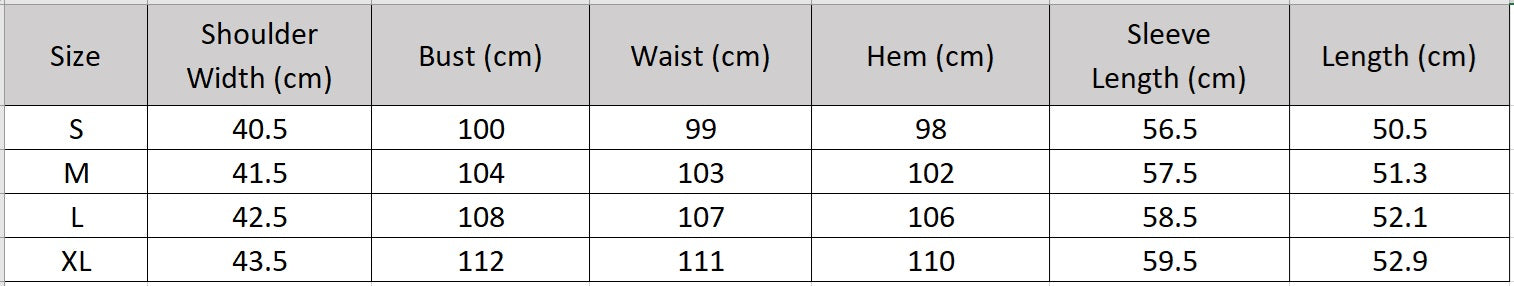 Women's size chart for a collarless double-sided wool jacket, with sculptural golden buttons and hand-finished seams. — From Borcelleclothes.